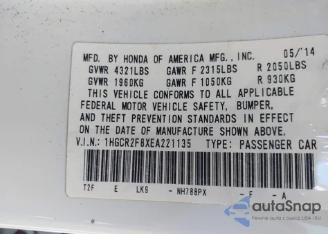 2014 Honda Accord Exl from USA, damaged, VIN 1HGCR2F8XEA221135
